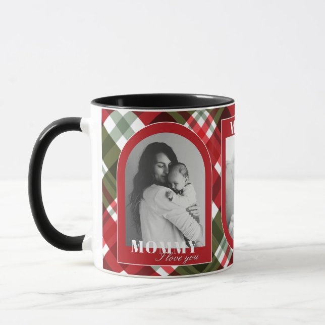 Red Kariert Rustic ILOVE YOU MOMMY 3 Foto Weihnach Tasse (Links)