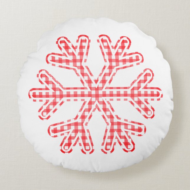 Red Kariert Rustica Snowflake Weihnachtsfeiertag Rundes Kissen (Vorderseite)