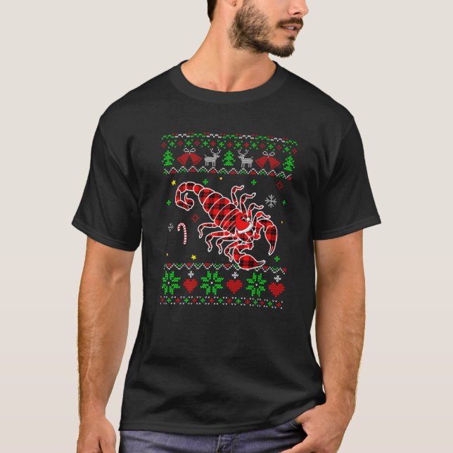 Red Kariert Scorpion Santa Ugly Christmas Sweater  T-Shirt (Vorderseite)