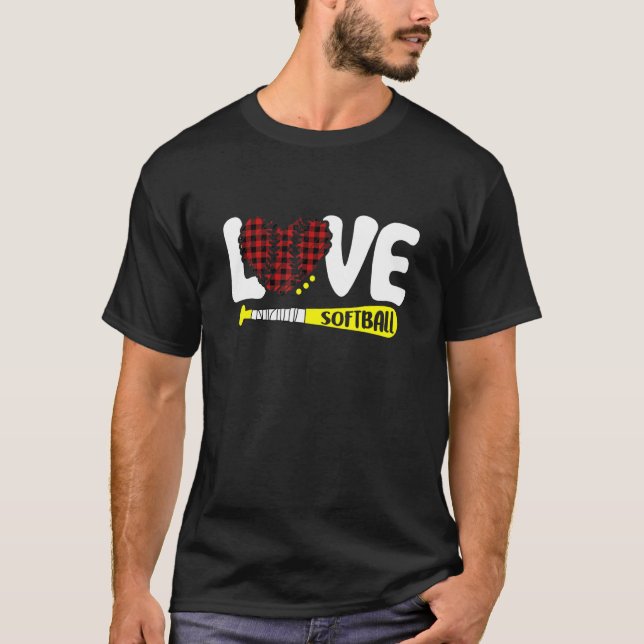 Red Kariert Softball Graphic Liebe Sprichwort Text T-Shirt (Vorderseite)
