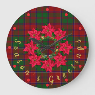 Red Kariert Tartan Poinsettia Weihnachten Große Wanduhr