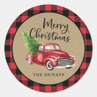 Red Kariert Truck Weihnachtsaufkleber Runder Aufkleber