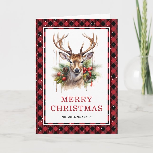 Red Kariert Watercolor Deer Frohe Weihnachten (Vorderseite)