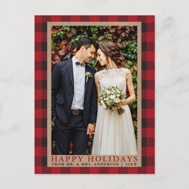 Red Kariert Wedding Foto Happy Holidays Kraft Postkarte (Vorderseite)