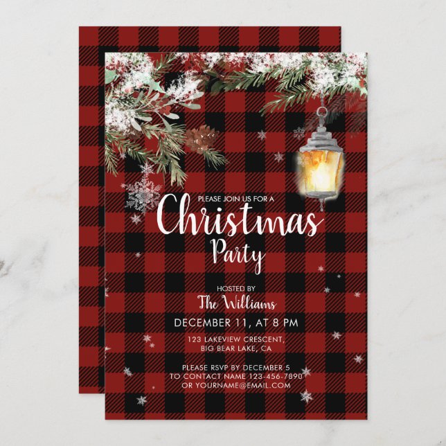 Red Kariert Winter Family Weihnachten Party Einlad Einladung (Vorne/Hinten)