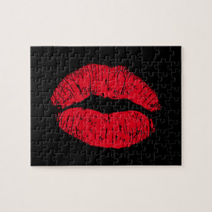 Red Kissing Lips auf schwarz Puzzle