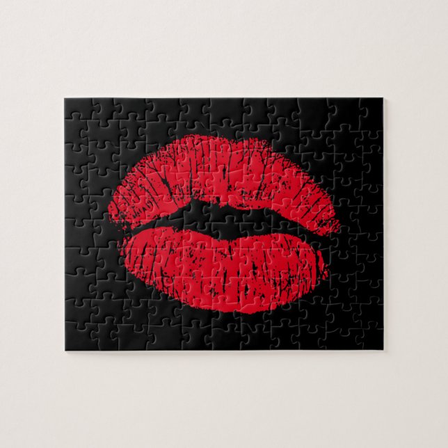 Red Kissing Lips auf schwarz Puzzle (Horizontal)