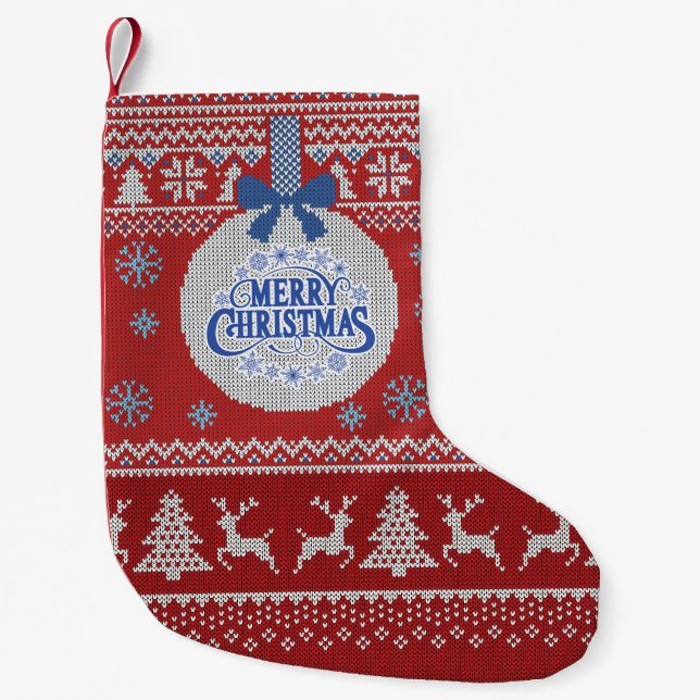 Red Knit Merry Christmas Stocking Kleiner Weihnachtsstrumpf (Vorderseite)