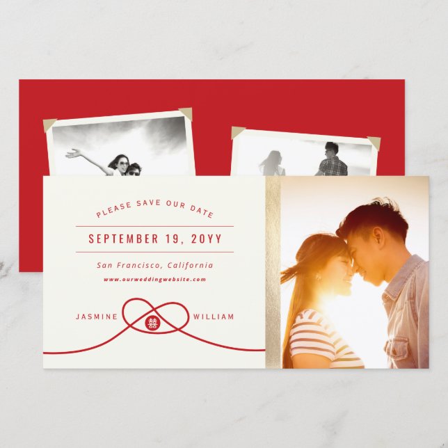 Red Knot Double Happiness Chinesisches Hochzeitsfe Save The Date (Vorne/Hinten)