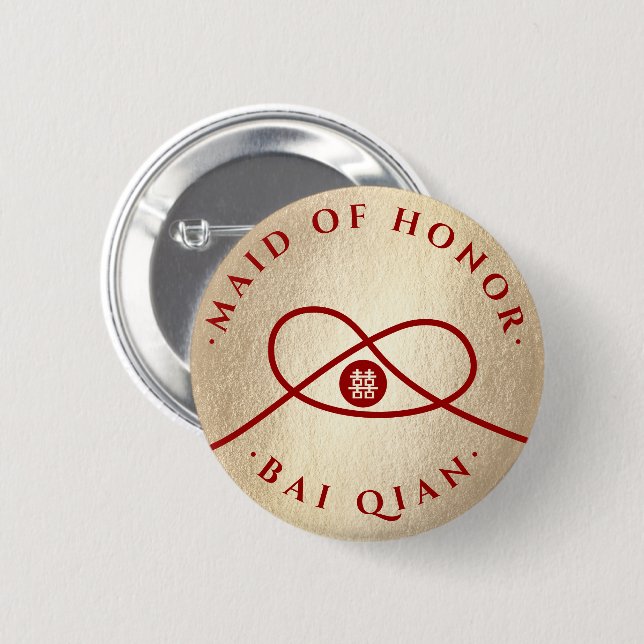 Red Knot Double Happiness Team Bride Chic Hochzeit Button (Vorne & Hinten)