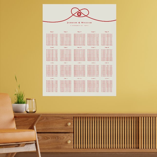 Red Knot Double Happy Wedding Seating Chart Poster (Wohnzimmer 2)