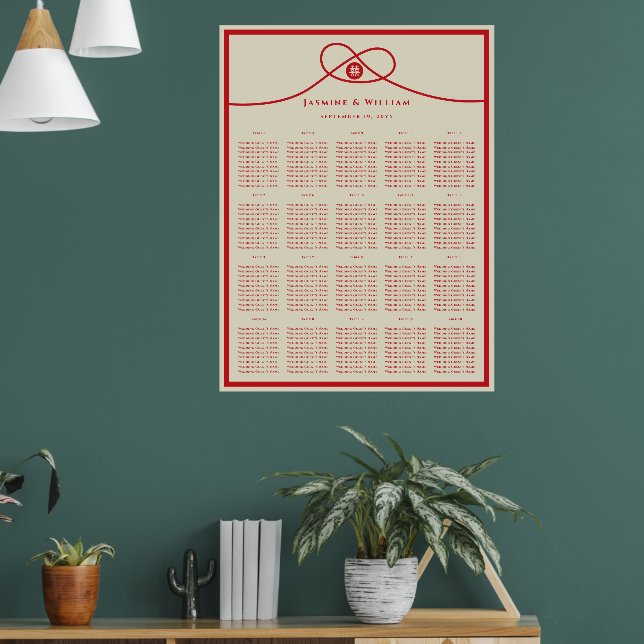 Red Knot Double Happy Wedding Seating Chart Poster (Wohnzimmer 1)