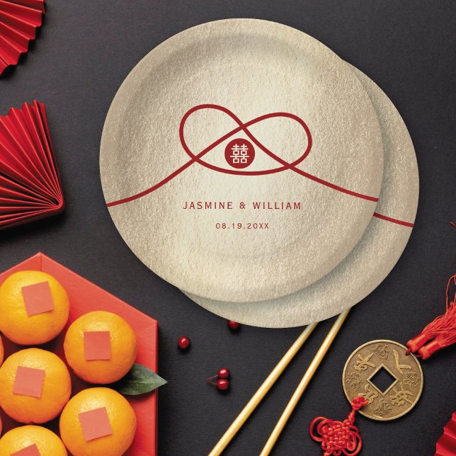 Red Knot Gewerkschaft Double Happiness Chinesische Pappteller (Gold/Red Knot Union Double Happiness Modern Chinese Wedding Party Paper Plates @ fatfatin_red_knot)