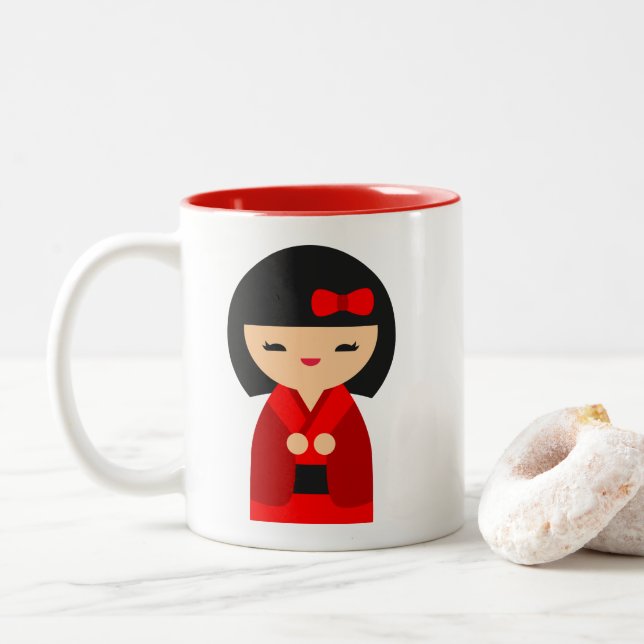 Red Kokeshi Japanische Puppen Zweifarbige Tasse (Mit Donut)