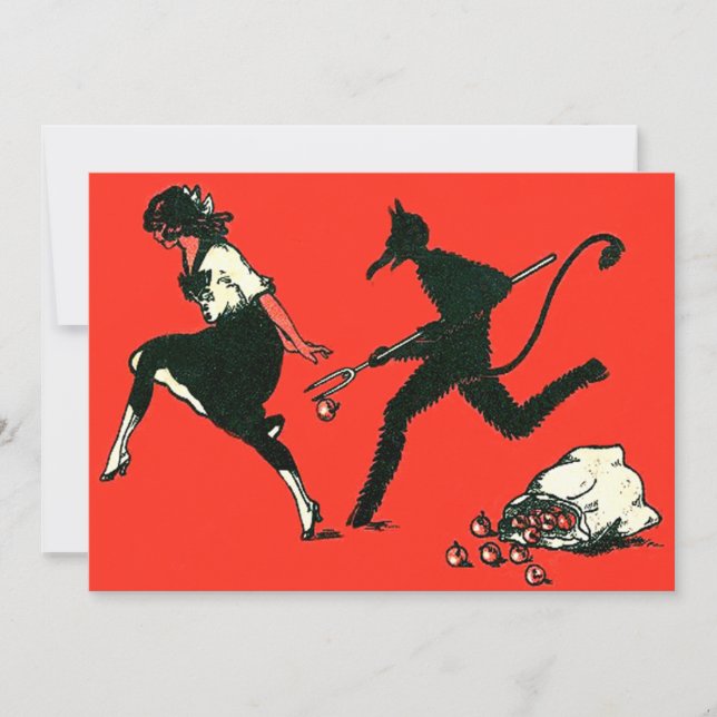 Red Krampus Chasing Woman Äpfel (Vorderseite)