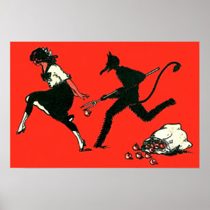 Red Krampus Chasing Woman Äpfel Poster
