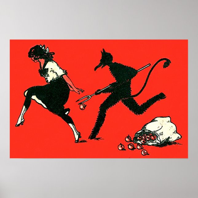 Red Krampus Chasing Woman Äpfel Poster (Vorne)