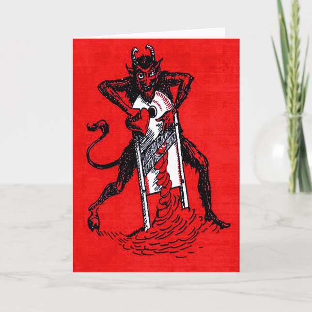 Red Krampus Slicing Heart Feiertagskarte (Vorderseite)
