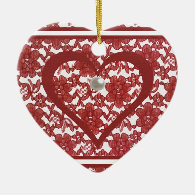 Red Lace Pattern Valentine Keramik Ornament (Vorne)
