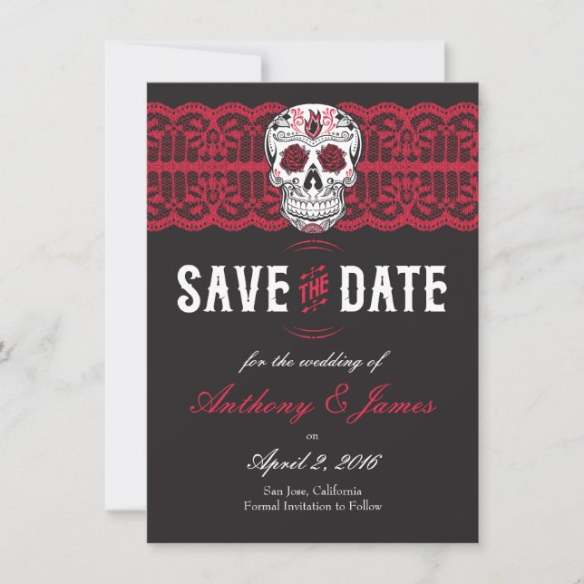 Red Lace Sugar Skull Speichern Sie die Daten 4.5x6 Save The Date (Vorderseite)