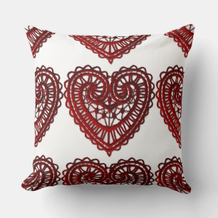 Red Lace Valentine Hearts Pattern Throw Kissen