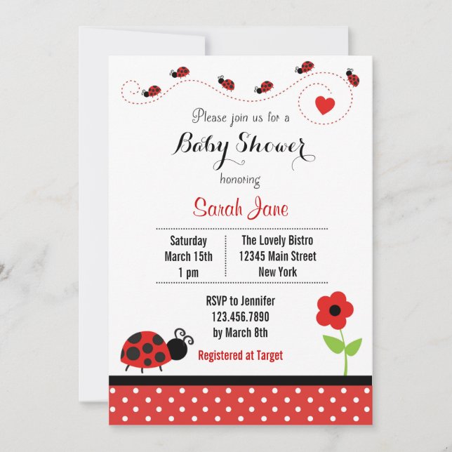 Red Ladybug Babydusche Einladung Punkt (Vorderseite)