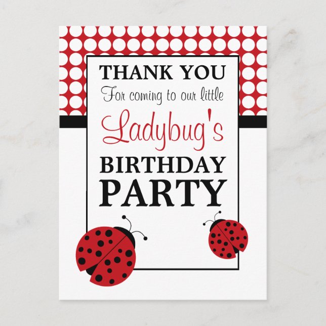 Red Ladybug Children's Birthday Party Danke Postkarte (Vorderseite)