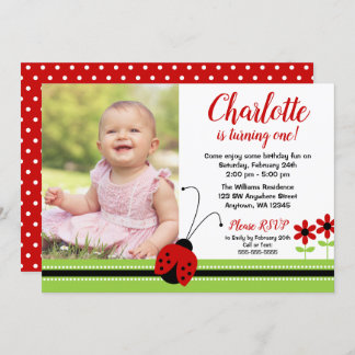 Red Ladybug Girl Birthday Foto Einladungen