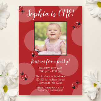 Red Ladybug Polka Dot Birthday Foto Einladungen