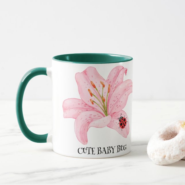 Red Ladybug Rosa Lily Blume individuelle Name Tasse (Mit Donut)