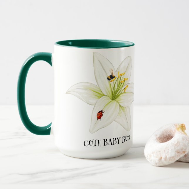 Red Ladybug Rosa Lily Blume individuelle Name Tasse (Mit Donut)