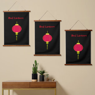 Red Lantern Hanging Tapestry Wandteppich Mit Holzrahmen