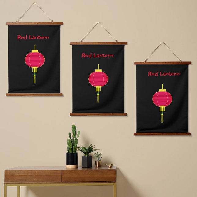 Red Lantern Hanging Tapestry Wandteppich Mit Holzrahmen (Asymmetrisch)
