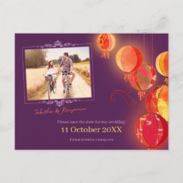 Red Lanterns Lila Wedding Foto Save the Date Ankündigungspostkarte