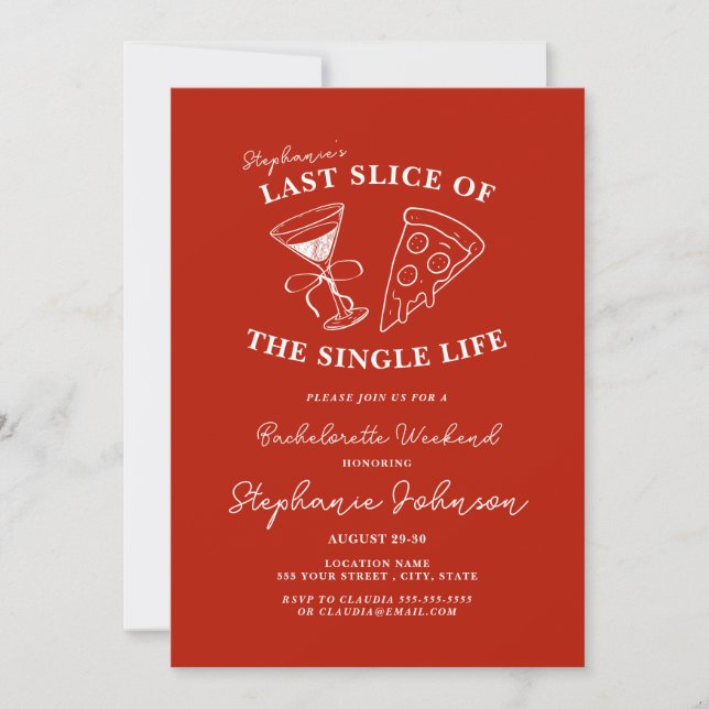 Red Last Slice of the Single Life Bachelorette Einladung (Vorderseite)