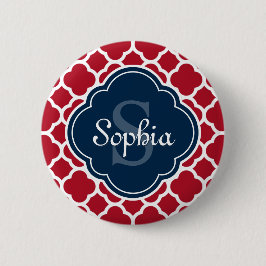 Red Lattice Pattern Navy Monogram Button