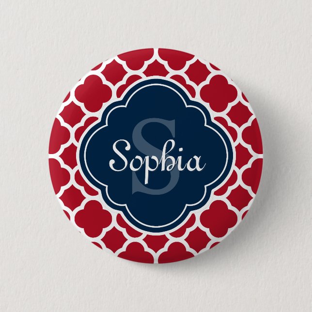 Red Lattice Pattern Navy Monogram Button (Vorderseite)