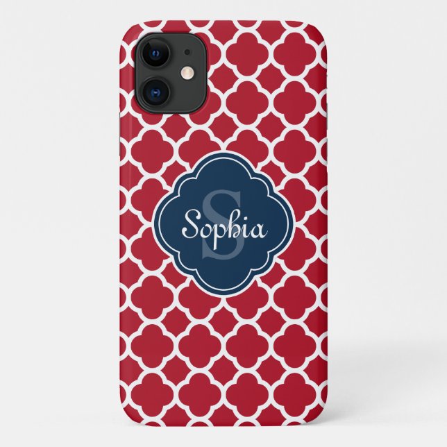 Red Lattice Pattern Navy Monogram Case-Mate iPhone Hülle (Rückseite)
