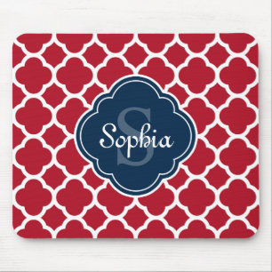 Red Lattice Pattern Navy Monogram Mousepad