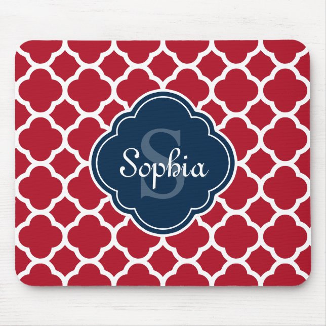 Red Lattice Pattern Navy Monogram Mousepad (Vorne)