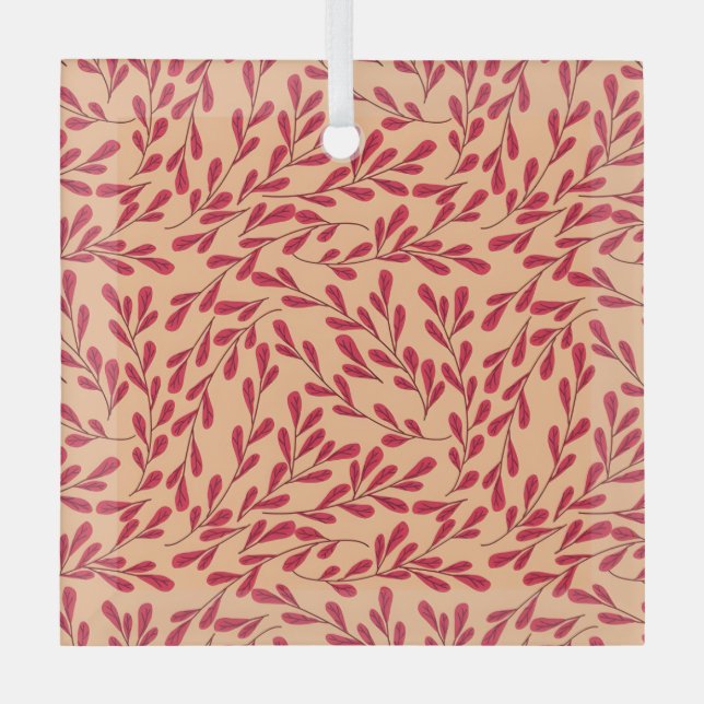  Red Leafy Branches Seamless Pattern Ornament Aus Glas (Vorderseite)