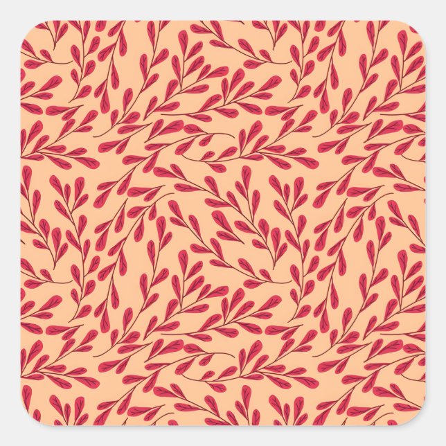  Red Leafy Branches Seamless Pattern Quadratischer Aufkleber (Vorderseite)