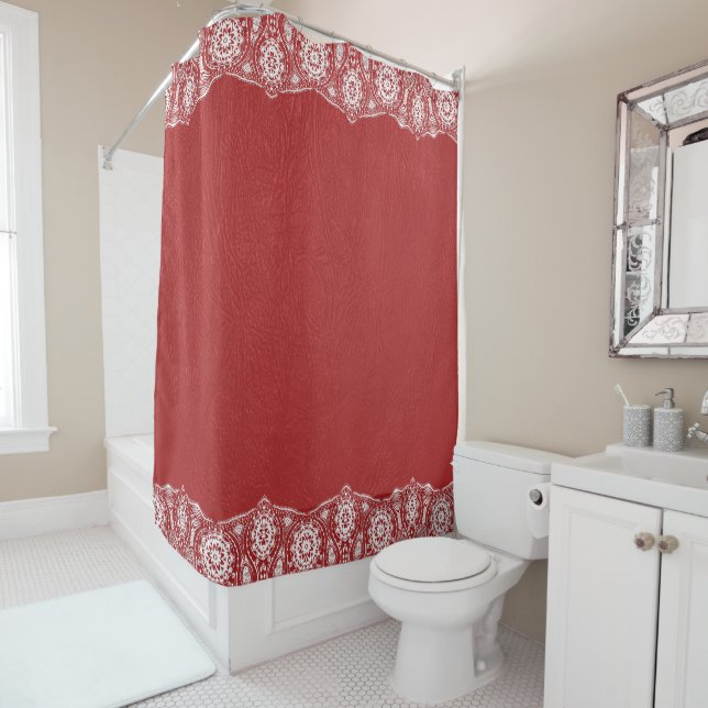 Red Leather Textur White Lace Border Duschvorhang (Beispiel)