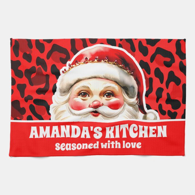 Red Leopard Print Retro Santa Claus Weihnachten Geschirrtuch (Horizontal)
