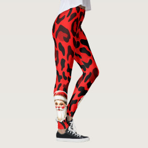 Red Leopard Print Retro Santa Claus Weihnachten Leggings