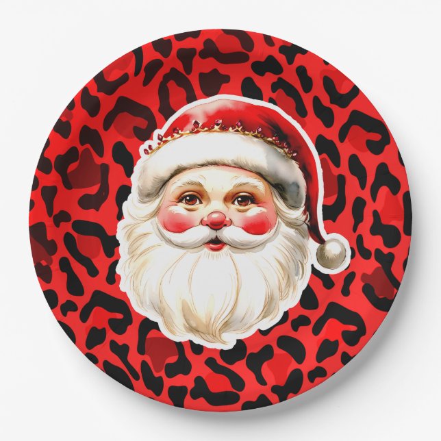 Red Leopard Print Retro Santa Claus Weihnachten Pappteller (Vorderseite)