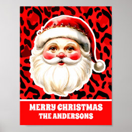 Red Leopard Print Retro Santa Claus Weihnachten Poster