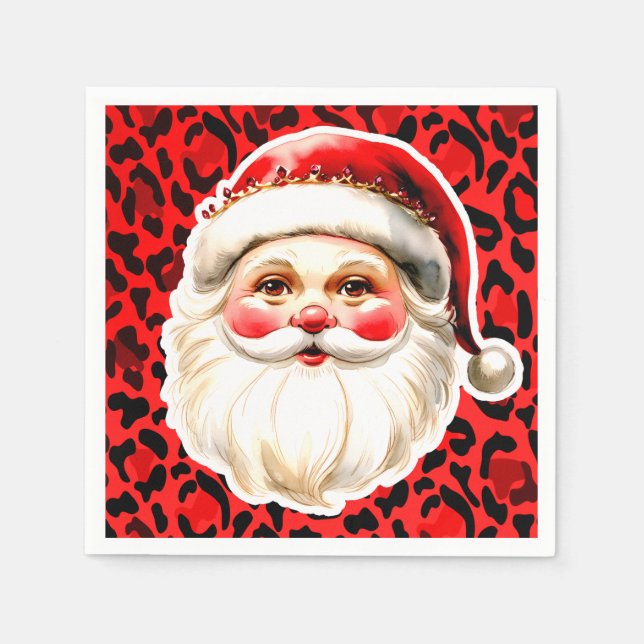 Red Leopard Print Retro Santa Claus Weihnachten Serviette (Vorderseite)