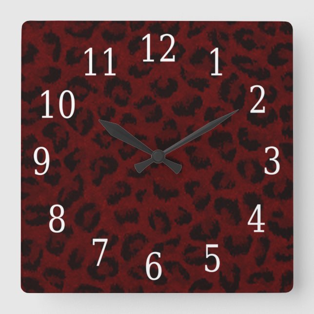 Red Leopard Skin Square Clock Quadratische Wanduhr (Vorderseite)