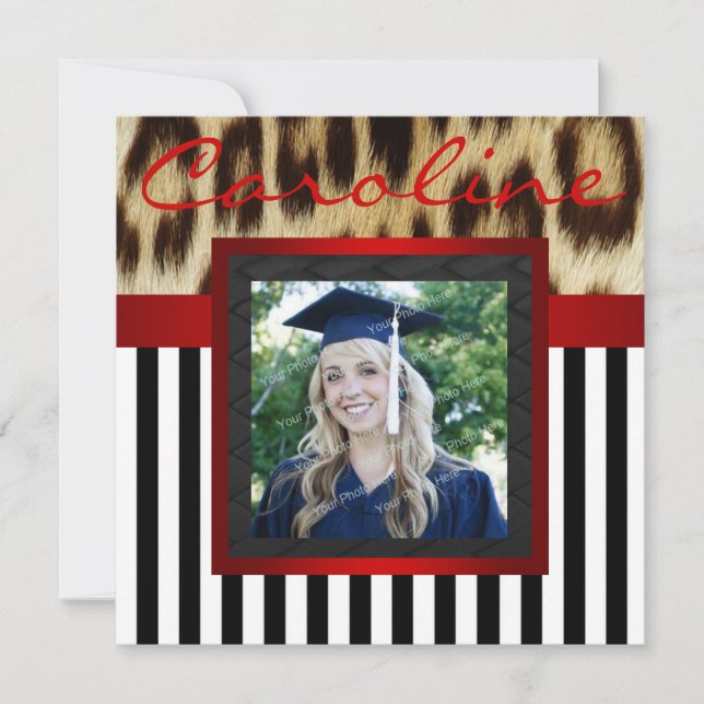 Red Leopard Stripes Grad Photo Invite Einladung (Vorderseite)